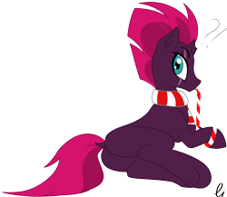 Size: 2276x1976 | Tagged: safe, artist:vinaramic, imported from derpibooru, tempest shadow, pony, unicorn, broken horn, candy, candy cane, exclamation point, eye scar, female, food, horn, licking, looking back, mare, question mark, scar, simple background, solo, tongue out, transparent background