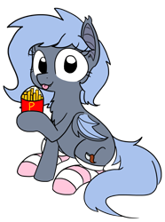 Size: 910x1222 | Tagged: safe, artist:wafflecakes, imported from derpibooru, oc, oc:panne, bat pony, clothes, food, french fries, fri, simple background, socks, striped socks, tongue out, transparent background