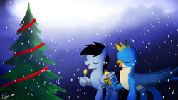 Size: 1920x1080 | Tagged: safe, artist:egstudios93, imported from derpibooru, gallus, oc, oc:eg, pegasus, pony, candle, christmas, christmas tree, holiday, male, stallion, tree