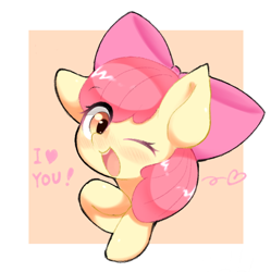 Size: 528x531 | Tagged: safe, artist:91o42, imported from derpibooru, apple bloom, earth pony, pony, bow, female, filly, hair bow, heart, looking at you, one eye closed, orange background, simple background, solo, wink