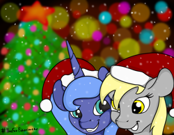 Size: 5139x3996 | Tagged: safe, artist:the-fox-experiment, imported from derpibooru, derpy hooves, princess luna, alicorn, pegasus, pony, christmas, christmas lights, christmas tree, female, hat, holiday, mare, santa hat, simple background, smiling, snow, snowfall, tree