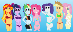 Size: 1599x700 | Tagged: artist needed, safe, imported from derpibooru, applejack, fluttershy, pinkie pie, rainbow dash, rarity, sci-twi, sunset shimmer, twilight sparkle, equestria girls, belly button, bikini, bikini babe, bikini bottom, bikini shorts, bikini top, breasts, busty applejack, busty fluttershy, busty pinkie pie, busty rarity, busty sunset shimmer, busty twilight sparkle, clothes, explicit source, fanfic, fanfic art, fanfic cover, humane five, humane seven, humane six, one-piece swimsuit, quality, swimsuit