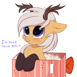 Size: 3000x3000 | Tagged: safe, artist:pesty_skillengton, imported from derpibooru, oc, oc only, oc:antler pone, original species, pony, antlers, blushing, box, chest fluff, clothes, cute, ear fluff, female, heart, heart eyes, pesty's little gift, pony in a box, present, simple background, socks, solo, wingding eyes, ych result