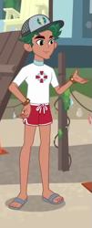 Size: 277x683 | Tagged: safe, imported from derpibooru, screencap, timber spruce, equestria girls, equestria girls series, turf war, clothes, cropped, feet, legs, lifeguard, lifeguard timber, male, male feet, sandals, shorts, smiling