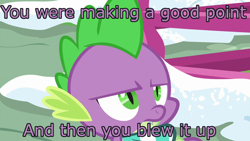 Size: 1280x720 | Tagged: safe, edit, edited screencap, imported from derpibooru, screencap, spike, dragon, best gift ever, annoyed, caption, clothes, image macro, male, reaction image, scarf, solo, text, winged spike, wings, winter outfit