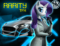 Size: 5200x4000 | Tagged: safe, artist:clear vision, imported from derpibooru, rarity, anthro, unicorn, abstract background, absurd resolution, aston martin, aston martin db9, car, clothes, coat, crossover, description is relevant, eyeshadow, female, gloves, leather gloves, looking at you, makeup, mare, necktie, need for speed, need for speed carbon, obscure reference, parody, racecar, raised eyebrow, smiling, smirk, solo, tfk, the fortuna kings, trenchcoat, vehicle, wolf (nfs carbon)