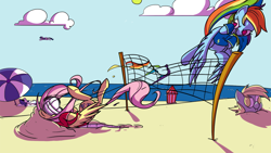 Size: 1280x720 | Tagged: safe, artist:late, edit, imported from derpibooru, derpy hooves, fluttershy, rainbow dash, rarity, twilight sparkle, alicorn, pegasus, pony, unicorn, abuse, beach, beach volleyball, clothes, female, flutterbuse, jersey, mare, ocean, oof, ouch, sports, this will end in death, this will end in tears, this will end in tears and/or death, throwing things at fluttershy, twilight sparkle (alicorn), volleyball