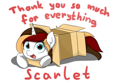 Size: 1015x676 | Tagged: safe, artist:thedarksideofvipy, artist:vipy, imported from derpibooru, oc, oc only, oc:scarlet serenade, pony, unicorn, box, cute, female, mare, simple background, smiling, solo, white background