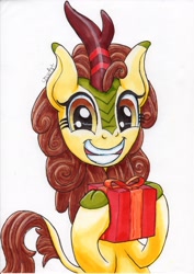 Size: 1536x2172 | Tagged: safe, artist:stewart501st, imported from derpibooru, autumn blaze, kirin, sounds of silence, awwtumn blaze, cloven hooves, cute, female, grin, hearth's warming, holiday, hoof hold, kirinbetes, looking at you, present, simple background, smiling, solo, squee, white background