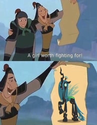 Size: 756x971 | Tagged: safe, imported from derpibooru, queen chrysalis, changeling, changeling queen, a girl worth fighting for, caption, crossover, disney, exploitable meme, female, meme, mulan