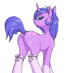 Size: 500x550 | Tagged: safe, artist:shydale, imported from derpibooru, imported from ponybooru, oc, oc only, oc:startrail, pony, unicorn, bow, bowtie, butt, coat markings, female, freckles, looking at you, looking back, mare, plot, ribbon, simple background, sly, smiling, smirk, socks (coat marking), socks (coat markings), solo, tumblr 2018 nsfw purge, white background