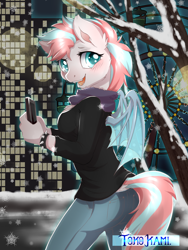 Size: 1200x1600 | Tagged: safe, artist:tokokami, imported from derpibooru, imported from ponybooru, oc, oc only, oc:wild thing, anthro, bat pony, anthro oc, bat pony oc, bat wings, blushing, cellphone, christmas, city, clothes, female, holiday, jeans, mare, pants, phone, scarf, smartphone, solo, sweater, wings, winter