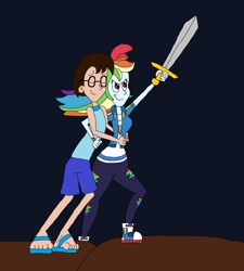 Size: 2233x2481 | Tagged: safe, artist:hunterxcolleen, imported from derpibooru, rainbow dash, oc, oc:stewart gary, human, equestria girls, equestria girls series, converse, hug, humanized, shoes, sword, weapon