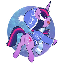 Size: 1189x1262 | Tagged: safe, artist:nerdfangz, imported from derpibooru, twilight sparkle, pony, unicorn, abstract background, butt, clothes, female, hat, mare, plot, scarf, smiling, solo, underhoof, unicorn twilight, winter