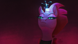 Size: 1280x720 | Tagged: safe, artist:dserpentes, imported from derpibooru, tempest shadow, pony, unicorn, broken horn, female, horn, magic, scene interpretation, solo, tempest shadow is not amused, unamused