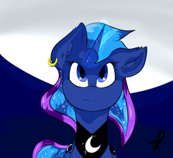 Size: 2244x2053 | Tagged: safe, artist:skysoundslunar, imported from derpibooru, princess luna, alicorn, pony, bust, ear piercing, female, mare, moon, piercing, signature, smiling, solo