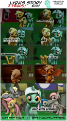 Size: 3929x7104 | Tagged: safe, artist:goatcanon, imported from derpibooru, applejack, derpy hooves, dj pon-3, fluttershy, lyra heartstrings, nurse redheart, vinyl scratch, bat pony, comic:lyra's story, 3d, bat ponified, comic, derpybat, dialogue, ponyville, race swap, source filmmaker, sweet apple acres, transformation