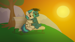 Size: 3840x2160 | Tagged: safe, artist:agkandphotomaker2000, imported from derpibooru, dj pon-3, vinyl scratch, oc, oc:pony video maker, pony, bench, canon x oc, evening, peaceful, sun, sunset, tree, videoscratch