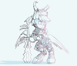 Size: 1266x1080 | Tagged: source needed, safe, artist:apostolllll, imported from derpibooru, oc, oc only, pegasus, pony, armor, beard, bipedal, bipedal leaning, facial hair, helmet, leaning, male, monochrome, sketch, skull helmet, solo, stallion, sword, weapon