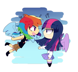 Size: 1500x1400 | Tagged: safe, artist:stuwor-art, imported from derpibooru, rainbow dash, twilight sparkle, human, exclamation point, female, humanized, interrobang, lesbian, question mark, shipping, simple background, transparent background, twidash, winged humanization, wings