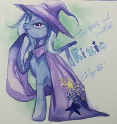 Size: 1280x1354 | Tagged: safe, artist:mbanqiem, imported from derpibooru, trixie, pony, unicorn, cape, clothes, female, hat, mare, raised hoof, smiling, smirk, solo, traditional art, trixie's cape, trixie's hat