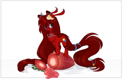 Size: 2000x1284 | Tagged: safe, artist:little-sketches, artist:php146, imported from derpibooru, oc, oc only, oc:summer stars, pony, unicorn, chest fluff, curved horn, female, food, glasses, horn, mare, micro, solo, strawberry