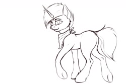 Size: 1280x853 | Tagged: source needed, safe, artist:apostolllll, imported from derpibooru, oc, oc only, pony, unicorn, looking at you, monochrome, neckerchief, raised hoof, sketch, smiling, solo