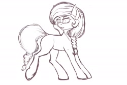 Size: 1920x1280 | Tagged: source needed, safe, artist:apostolllll, imported from derpibooru, oc, oc only, earth pony, pony, braid, female, lineart, mare, monochrome, open mouth, raised leg, sketch, solo