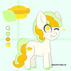 Size: 2000x2000 | Tagged: safe, artist:ghostygirl01, deleted from derpibooru, imported from derpibooru, oc, oc only, oc:sweet citrus pie, earth pony, pony, adoptable, curly hair, cutie mark, female, mare, reference sheet, simple background, solo