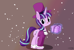 Size: 3496x2362 | Tagged: safe, artist:taurson, imported from derpibooru, snowfall frost, starlight glimmer, pony, unicorn, a hearth's warming tail, clothes, cute, female, glimmerbetes, glowing horn, hat, looking at you, magic, mare, present, shirt, simple background, smiling, snow, solo, telekinesis, top hat