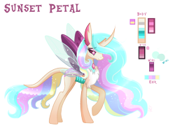 Size: 1708x1316 | Tagged: safe, artist:sugaryicecreammlp, imported from derpibooru, oc, oc only, oc:sunset petal, changepony, hybrid, pony, female, offspring, parent:princess celestia, parent:thorax, parents:thoralestia, reference sheet, simple background, solo, transparent background