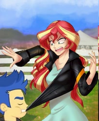 Size: 701x860 | Tagged: safe, artist:limreiart, edit, editor:blastulian, imported from derpibooru, flash sentry, fanfic:long road to friendship, equestria girls, chewing, clothes, duo, eating, fanfic, fanfic art, female, fence, grass, human coloration, jacket, male, open mouth, pulling, shirt, solo