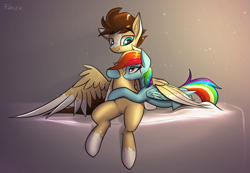 Size: 3703x2565 | Tagged: safe, artist:fenixdust, imported from derpibooru, rainbow dash, oc, oc:skittle, pegasus, pony, canon x oc, cuddling, cute, female, male, skidash, smiling, straight