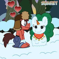 Size: 768x768 | Tagged: safe, artist:snakeythingy, imported from derpibooru, saffron masala, oc, oc:sketchy dupe, blushing, dupala, hat, heart, implied saffron masala, sketchffron, snow pony, snowpony, story included, ushanka, when you see it