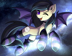 Size: 2500x1951 | Tagged: safe, artist:imbrina, imported from derpibooru, oc, oc only, oc:darkius wolficus, bat pony, pony, bat pony oc, chest fluff, clothes, collar, cute, ear fluff, ear piercing, female, flying, freckles, mare, one eye closed, piercing, poker face, socks, solo, space, spread wings, striped socks, wings, wink