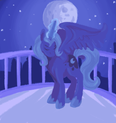 Size: 1155x1224 | Tagged: safe, artist:lionsca, imported from derpibooru, princess luna, pony, dusk, female, magic, missing accessory, moon, raising the moon, s1 luna, solo, stars, younger