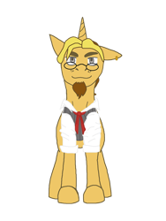 Size: 900x1200 | Tagged: safe, artist:kallisti, imported from derpibooru, oc, oc only, oc:golden flask, pony, unicorn, 2019 community collab, derpibooru community collaboration, ascot, beard, clothes, ear piercing, earring, facial hair, glasses, jewelry, male, piercing, ponytail, simple background, solo, transparent background, vest