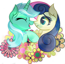 Size: 766x758 | Tagged: safe, artist:lionsca, imported from derpibooru, bon bon, lyra heartstrings, sweetie drops, adorabon, cute, female, flower, lesbian, lyrabetes, lyrabon, nuzzling, shipping, smiling