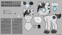 Size: 1900x1080 | Tagged: safe, artist:chrywn, imported from derpibooru, oc, oc only, oc:almost monochrome, pony, unicorn, male, reference sheet, stallion