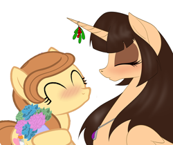 Size: 960x806 | Tagged: safe, artist:miniferu, imported from derpibooru, oc, oc:cream heart, oc:spring beauty, alicorn, collaboration, female, kissing, lesbian