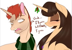 Size: 813x569 | Tagged: safe, artist:miniferu, imported from derpibooru, oc, oc:spring beauty, alicorn, alicorn oc, female, holly, holly mistaken for mistletoe, kissing, male, straight