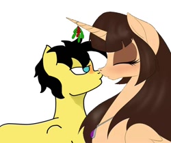 Size: 960x804 | Tagged: safe, artist:miniferu, imported from derpibooru, oc, oc:spring beauty, alicorn, alicorn oc, female, holly, holly mistaken for mistletoe, kissing, male, mistleholly, straight