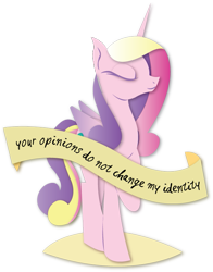 Size: 579x740 | Tagged: safe, artist:lionsca, imported from derpibooru, princess cadance, alicorn, pony, eyes closed, female, internal outlines only, lgbt, lineless, mare, missing accessory, missing cutie mark, mouthpiece, old banner, positive ponies, raised hoof, simple background, smiling, solo, subversive kawaii, transparent background