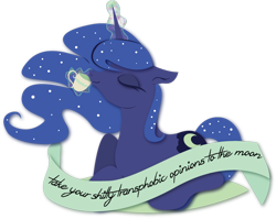 Size: 702x560 | Tagged: safe, artist:lionsca, imported from derpibooru, princess luna, alicorn, pony, cup, description is relevant, drinking, eyelashes, eyes closed, female, glowing horn, internal outlines only, lgbt, lineless, magic, mare, missing accessory, mouthpiece, old banner, simple background, smiling, solo, subversive kawaii, tea, telekinesis, to the moon, transgender, transparent background, vulgar, wingless