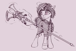 Size: 1920x1280 | Tagged: source needed, safe, artist:apostolllll, imported from derpibooru, oc, oc only, pony, unicorn, bracelet, clothes, jewelry, magic, monochrome, shoulder pads, sketch, solo, staff, telekinesis
