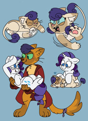 Size: 1024x1413 | Tagged: safe, artist:sandwichbuns, imported from derpibooru, capper dapperpaws, rarity, oc, oc:yarnball, abyssinian, anthro, hybrid, blue background, capperbetes, capperity, chest fluff, clothes, coat, cute, female, interspecies offspring, male, ocbetes, offspring, parent:capper, parent:capper dapperpaws, parent:rarity, parents:capperity, shipping, simple background, straight