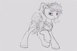 Size: 1920x1280 | Tagged: source needed, safe, artist:apostolllll, imported from derpibooru, oc, oc only, pony, unicorn, armor, female, mare, monochrome, raised hoof, sketch, smiling, solo