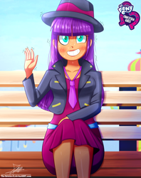 Size: 920x1160 | Tagged: safe, artist:the-butch-x, imported from derpibooru, part of a set, ginger owlseye, equestria girls, background human, bench, blushing, butch's hello, calarts, clothes, cute, equestria girls logo, fedora, female, grin, hat, hello x, jacket, looking at you, necktie, nervous, owlabetes, shaking, signature, sitting, sky, smiling, solo, sweat, trembling, waving