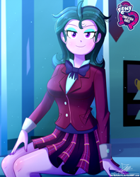 Size: 920x1160 | Tagged: safe, artist:the-butch-x, imported from derpibooru, part of a set, zephyr, equestria girls, friendship games, background human, blushing, bow, bowtie, breasts, butch's hello, clothes, crystal prep academy uniform, crystal prep shadowbolts, equestria girls logo, female, hello x, looking at you, nail polish, plaid skirt, pleated skirt, poster, school uniform, signature, sitting, skirt, smiling, solo, trophy