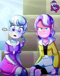 Size: 920x1160 | Tagged: safe, artist:the-butch-x, imported from derpibooru, part of a set, diamond tiara, silver spoon, equestria girls, ..., >:c, angry, butch's hello, clothes, collarbone, cross-popping veins, cute, duo, equestria girls logo, female, frown, glasses, hello x, jewelry, looking at you, my little pony logo, necklace, open mouth, sitting